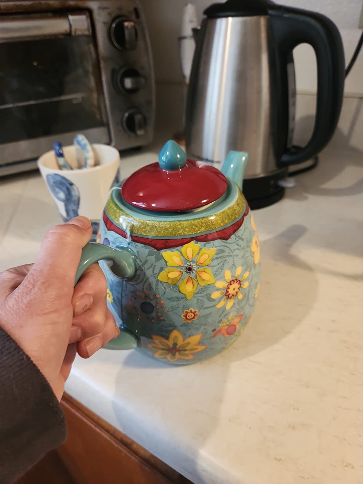 Tunisian Sunset Ceramic Teapot – 40 oz. Blue Floral Boho Teapot with Lid, Bright Multicolor Folk-Inspired Design for Tea Lovers, Entertaining & Eclectic Kitchen or Gift Giving customer photo 1