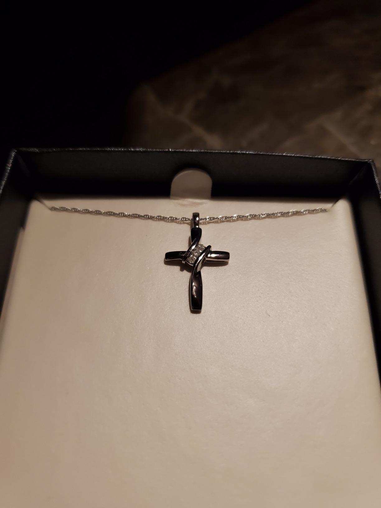 GILDED Natural Diamond Cross Pendant in 10K Yellow Gold | 3 Stone customer photo 2
