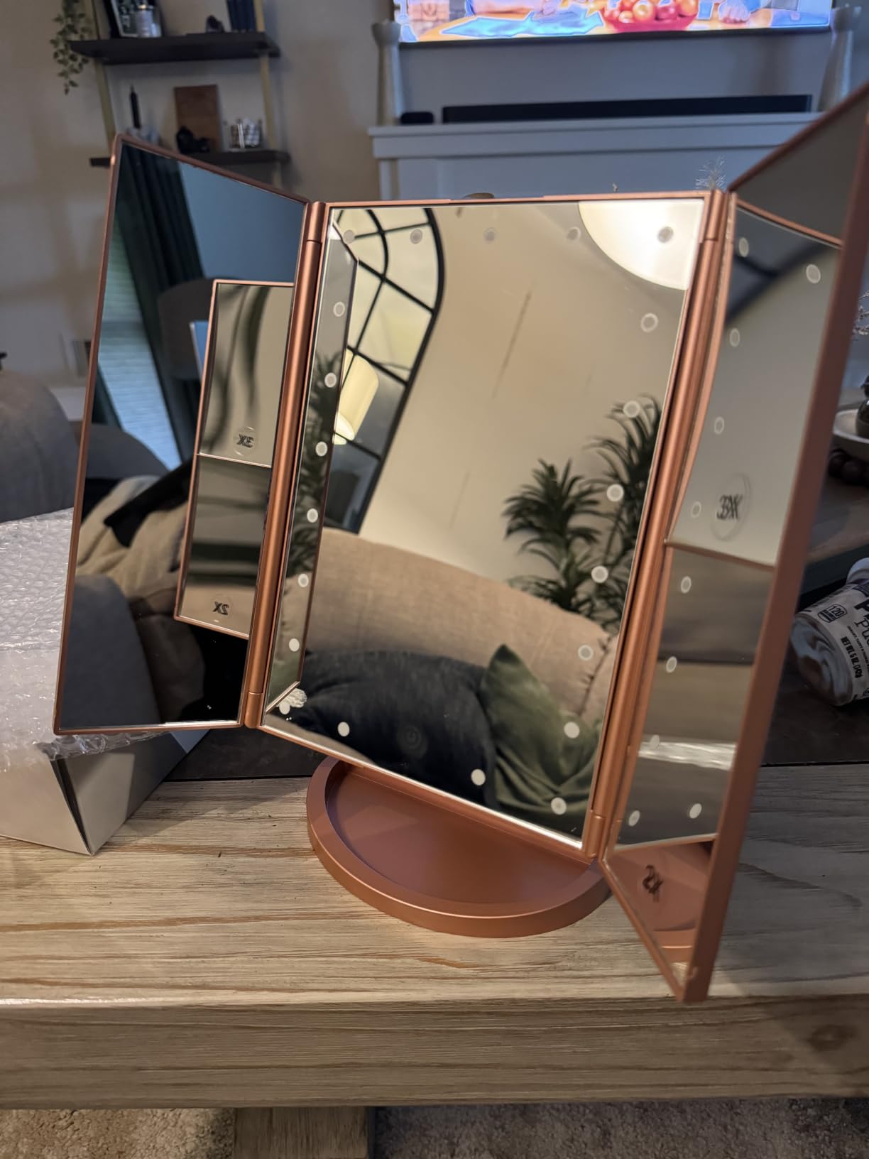 deweisn Dresser Mount Tri-Fold Lighted Vanity Mirror with 21 LED Lights, Touch Screen and 3X/2X/1X Magnification, Two Power Supply Modes Make Up Mirror,Travel Mirror customer photo 1