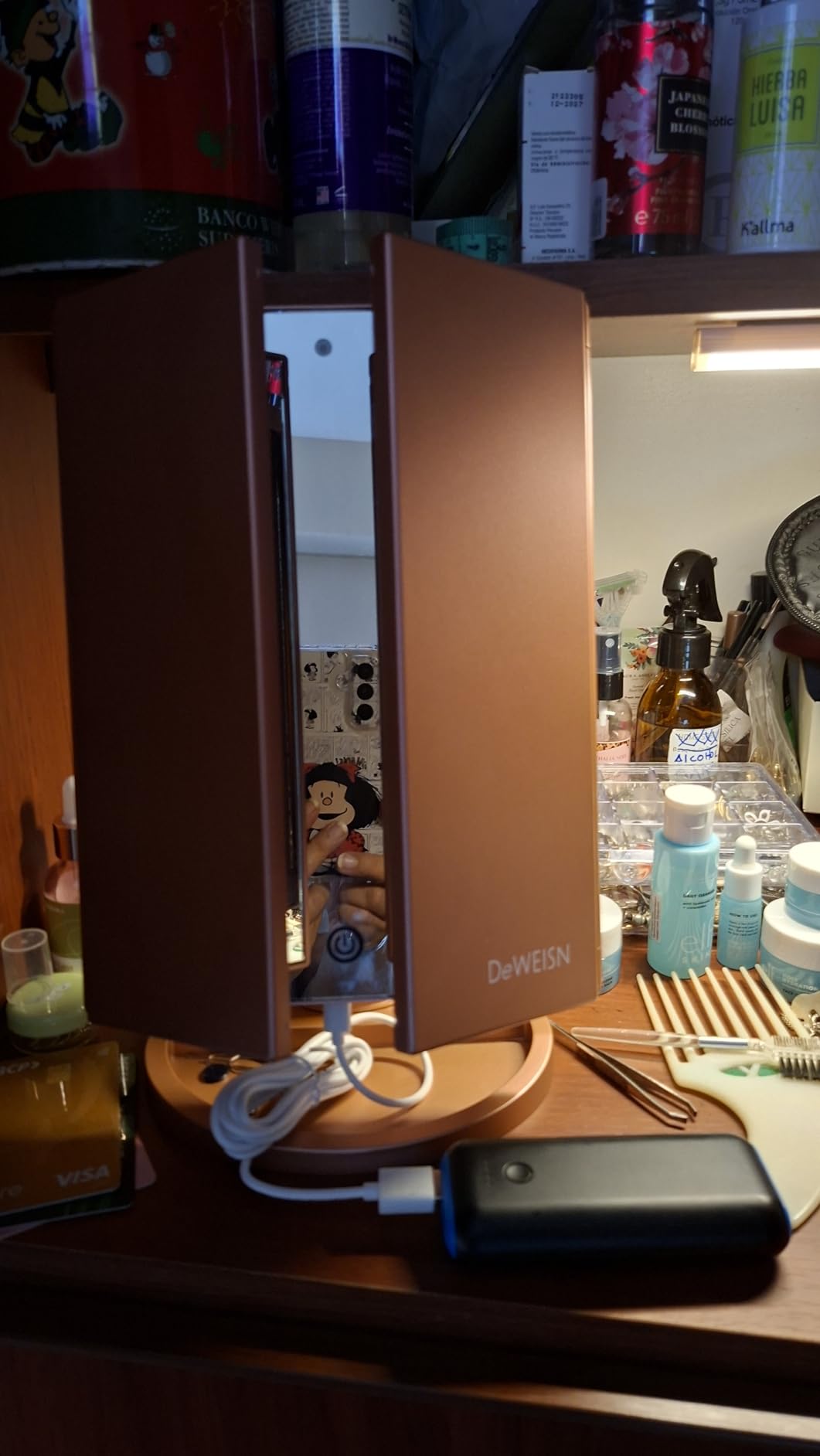 deweisn Dresser Mount Tri-Fold Lighted Vanity Mirror with 21 LED Lights, Touch Screen and 3X/2X/1X Magnification, Two Power Supply Modes Make Up Mirror,Travel Mirror customer photo 2