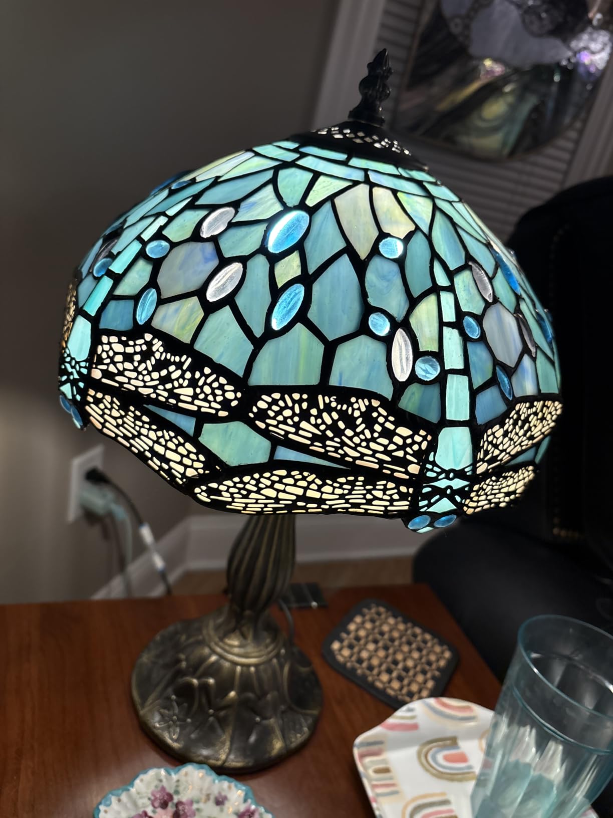 WERFACTORY Tiffany Lamp Sea Blue Stained Glass Table Lamp 18 Inch Dragonfly customer photo 2