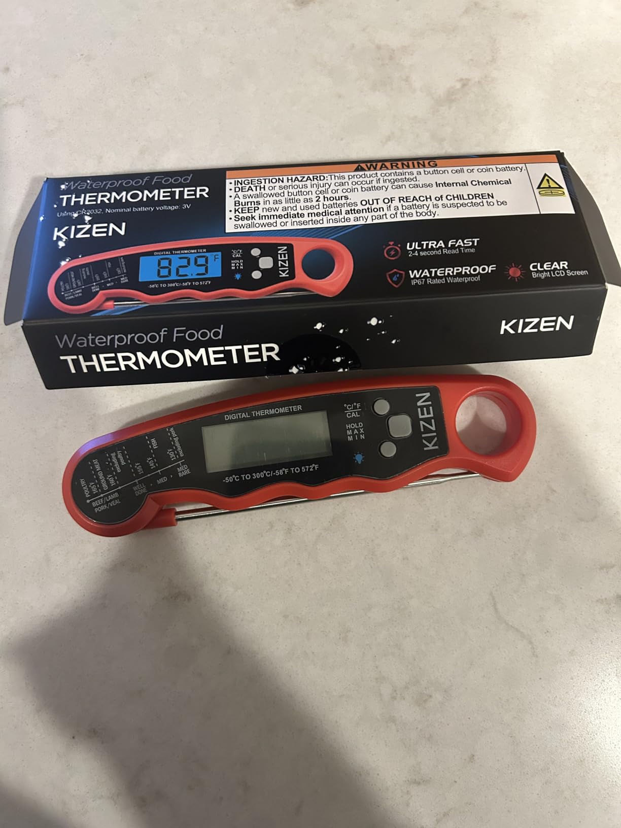 KIZEN Instant Read Meat Thermometer Digital - Food Thermometer for Cooking, Grill, Oven, BBQ - IP67 Rated Waterproof - Large Backlit Display and Magnetic Back customer photo 1
