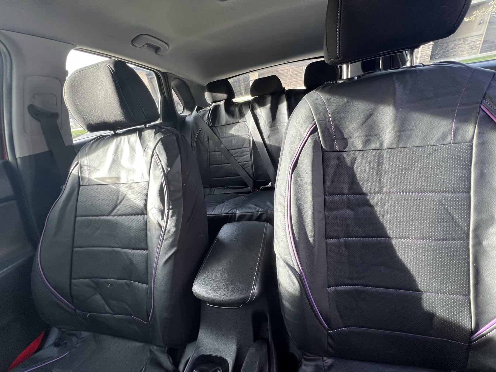 CAR PASS Universal FIT Piping Leather Two Front Seat Covers, Waterproof Faux Leather for SUV Sedan Van Truck, Airbag Compatible,Reserved Opening Holes for Headrest Covers. (Black red) customer photo 2