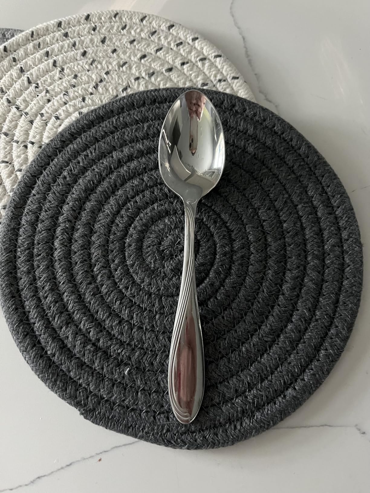Potholders Set Trivets Set 100% Pure Cotton Thread Weave Hot Pot Holders Set (Set of 3) Stylish Coasters, Hot Pads, Hot Mats, Spoon Rest For Cooking and Baking by Diameter 7 Inches (Gray) customer photo 1