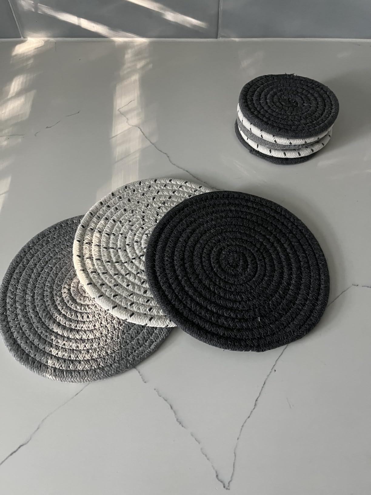 Potholders Set Trivets Set 100% Pure Cotton Thread Weave Hot Pot Holders Set (Set of 3) Stylish Coasters, Hot Pads, Hot Mats, Spoon Rest For Cooking and Baking by Diameter 7 Inches (Gray) customer photo 2