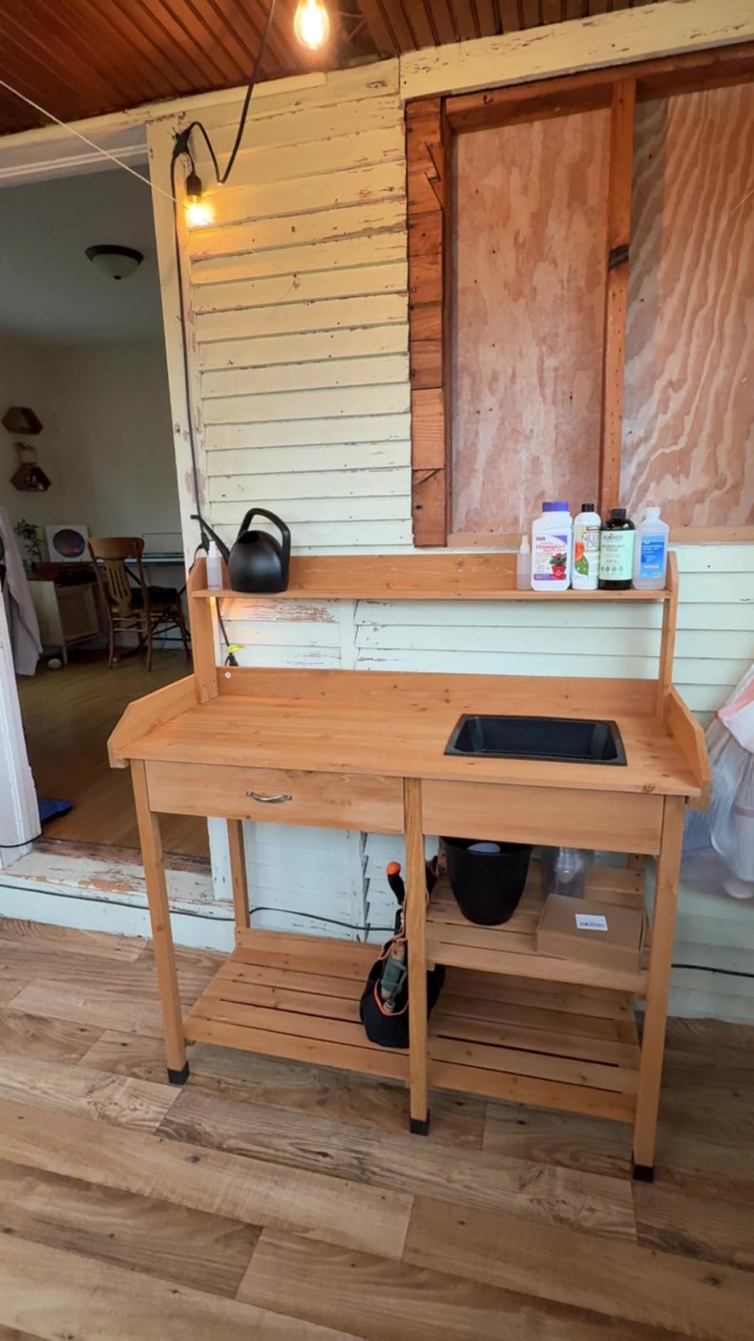 Yaheetech Potting Bench with Sink & Drawer, Outdoor Gardening Table, Gray | Fir wood planting table with 132 lb weight capacity, basin, storage drawer, shelves and hooks keeps pots and tools organized. customer photo 2