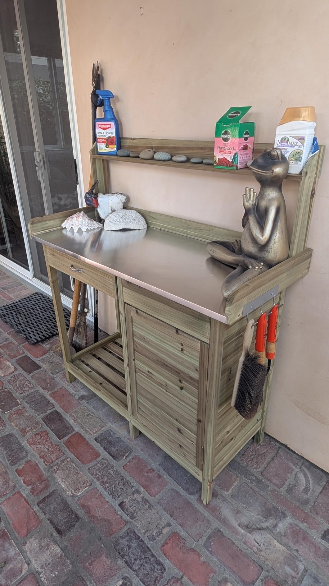 Yaheetech Potting Bench Outdoor Potting Table with Storage,Natural Wood | Outdoor potting bench with spacious metal tabletop keeps soil and water contained while providing a durable work surface for customer photo 2