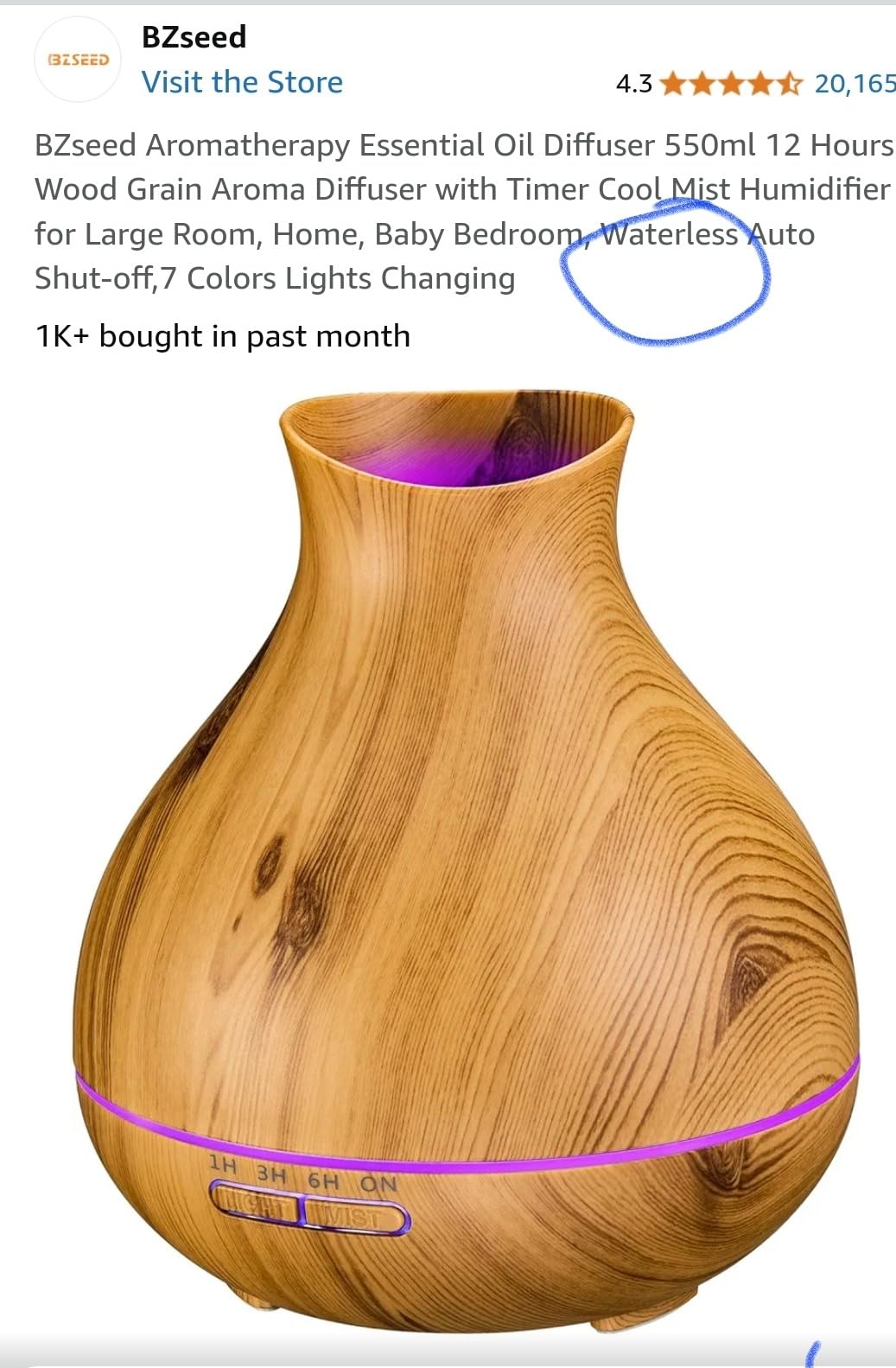 Aromatherapy Essential Oil Diffuser 550ml 12 Hours Wood Grain Aroma Diffuser with Timer Cool Mist Humidifier for Large Room, Home, Baby Bedroom, Waterless Auto Shut-off,7 Colors Lights Changing customer photo 2