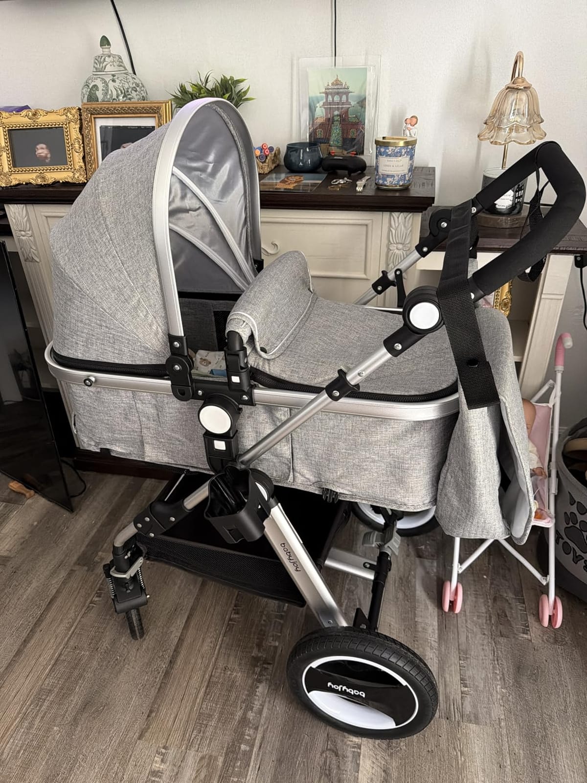 BABY JOY Baby Stroller, 2-in-1 Convertible Bassinet Reclining Stroller, Foldable Pram Carriage with 5-Point Harness, Including Cup Holder, Foot Cover, Diaper Bag, Aluminum Structure, Gray customer photo 1