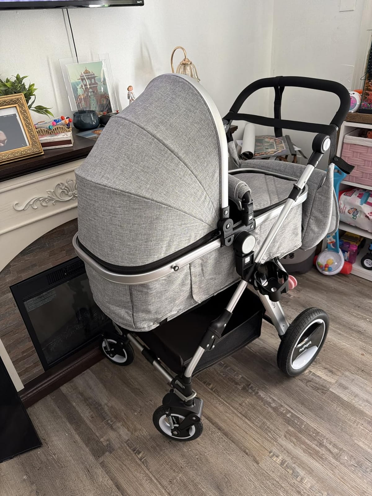 BABY JOY Baby Stroller, 2-in-1 Convertible Bassinet Reclining Stroller, Foldable Pram Carriage with 5-Point Harness, Including Cup Holder, Foot Cover, Diaper Bag, Aluminum Structure, Gray customer photo 2
