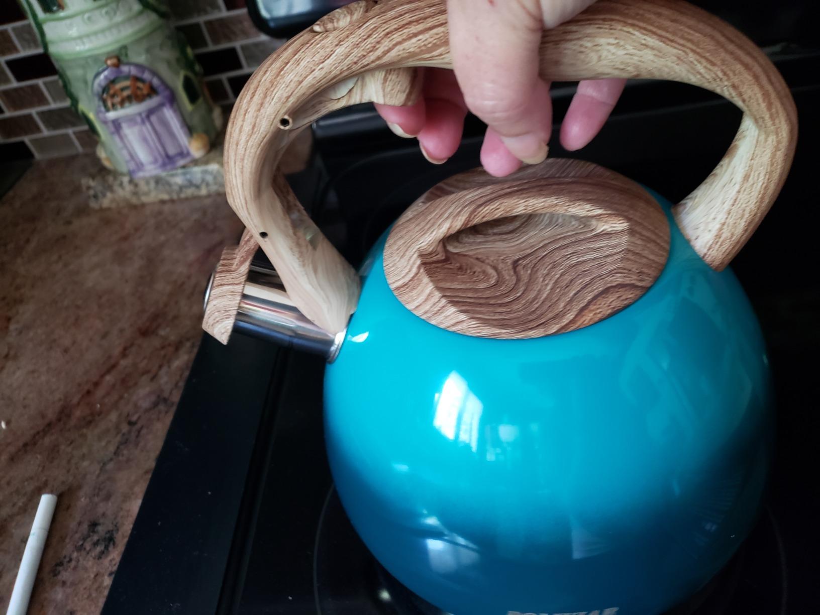 POLIVIAR Tea Kettle, 2.7 Quart Natural Stone Finish with Wood Pattern Handle Loud Whistle Food Grade Stainless Steel Teapot, Anti-Hot Handle and Anti-Rust, Suitable for All Heat Sources (JX2018-GR20) customer photo 1