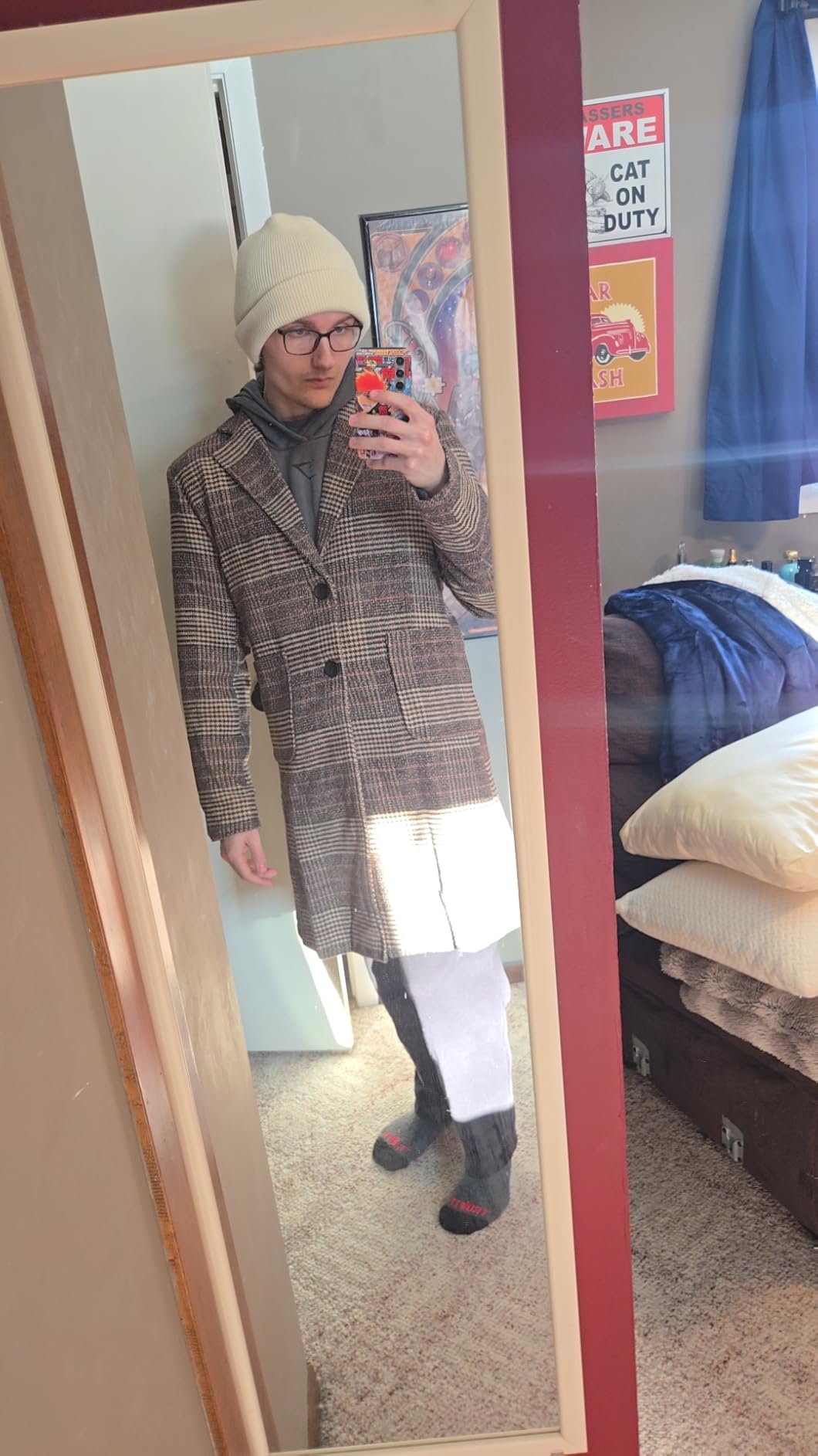 UANEO Mens Winter Trench Coat Notched Collar Single Breasted Plaid Mid Long Peacoat Overcoats with Pockets customer photo 1