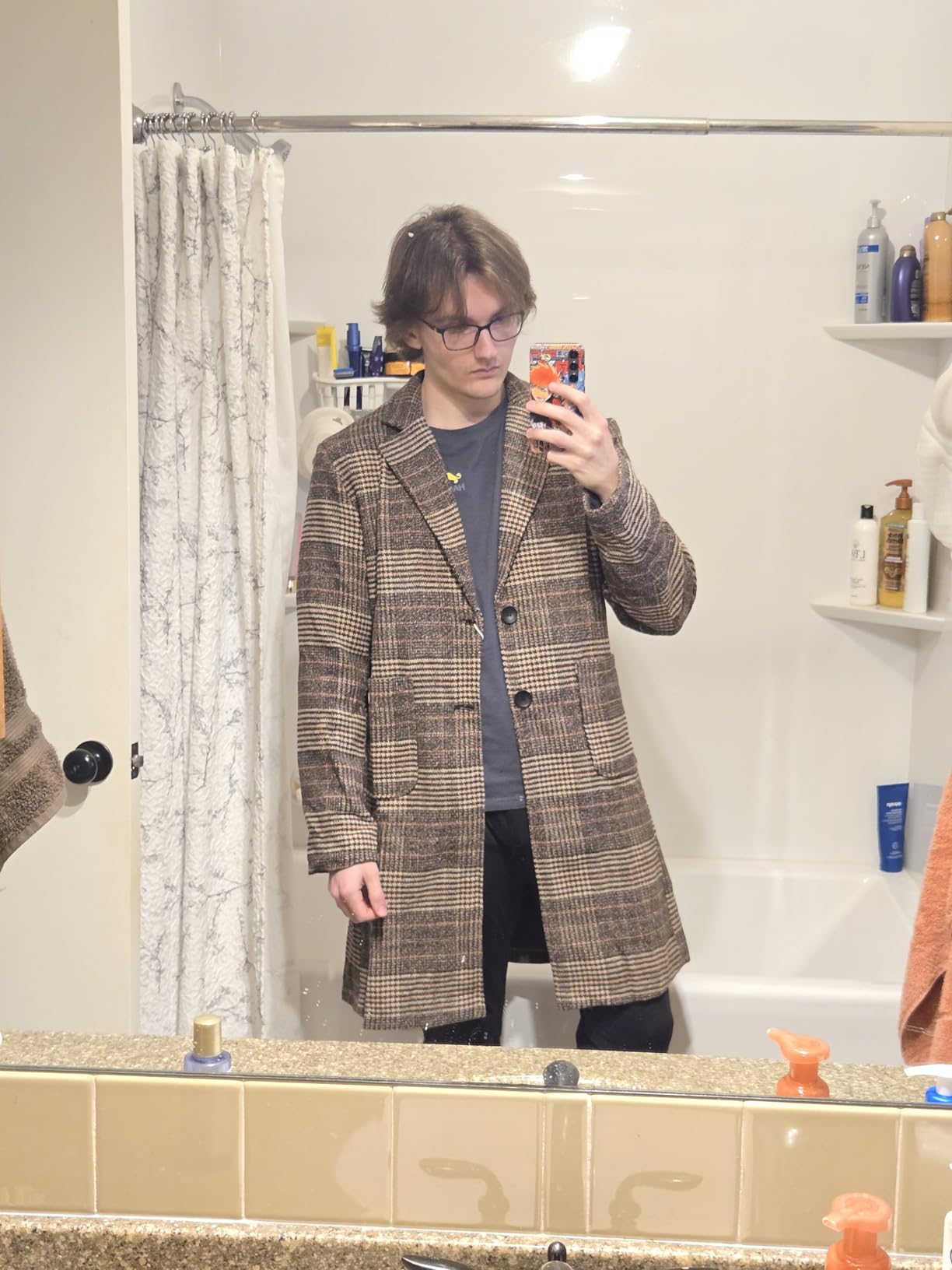 UANEO Mens Winter Trench Coat Notched Collar Single Breasted Plaid Mid Long Peacoat Overcoats with Pockets customer photo 2