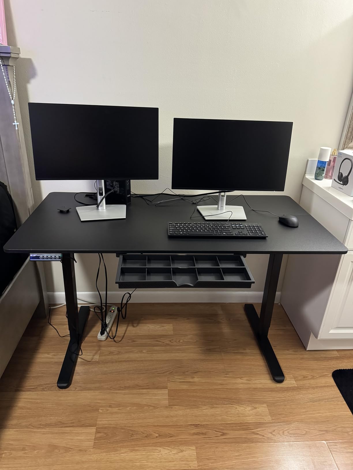 SHW 55 x 28 Electric Height Adjustable Standing Desk w/Drawer, Maple | w/ Memory Presets and Cable Management | Drawer with adjustable compartments | Hanging Hooks customer photo 2