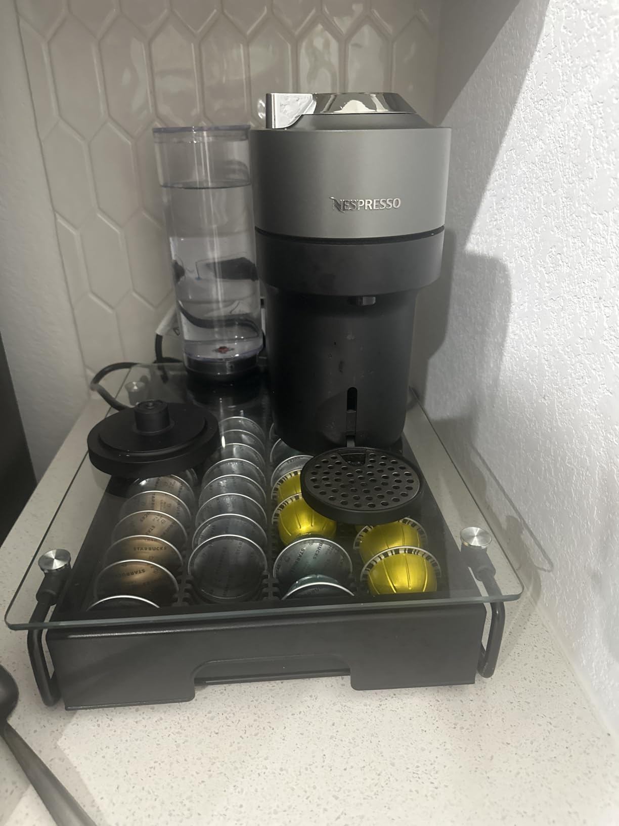 EVERIE Nespresso Vertuo Pod Holder Drawer, Coffee Pod Organizer with Universal Slots, Holds 40 Large or 52 Small Capsules, Tempered Glass Top Storage Drawer for Coffee Makers, 12