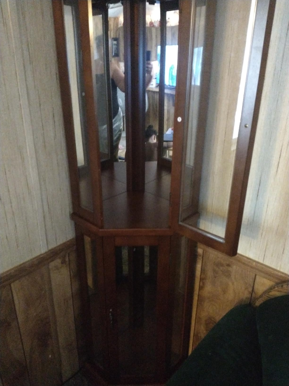 BELLEZE Lighted Wooden Corner Display Curio Cabinet, Two Section Shelving Unit with Tempered Glass Door, Bar and Liquor Storage Area with 6 Shelves - Lorona (Walnut) customer photo 1