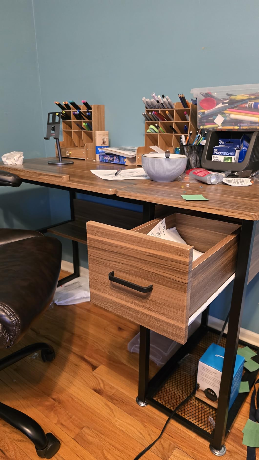 Tribesigns Drafting Table with Storage Drawers, Drawing Computer Desk Artist Craft Table Painting Desk Workstation with Shelves and Tiltable Tabletop for Students, Home Office customer photo 1
