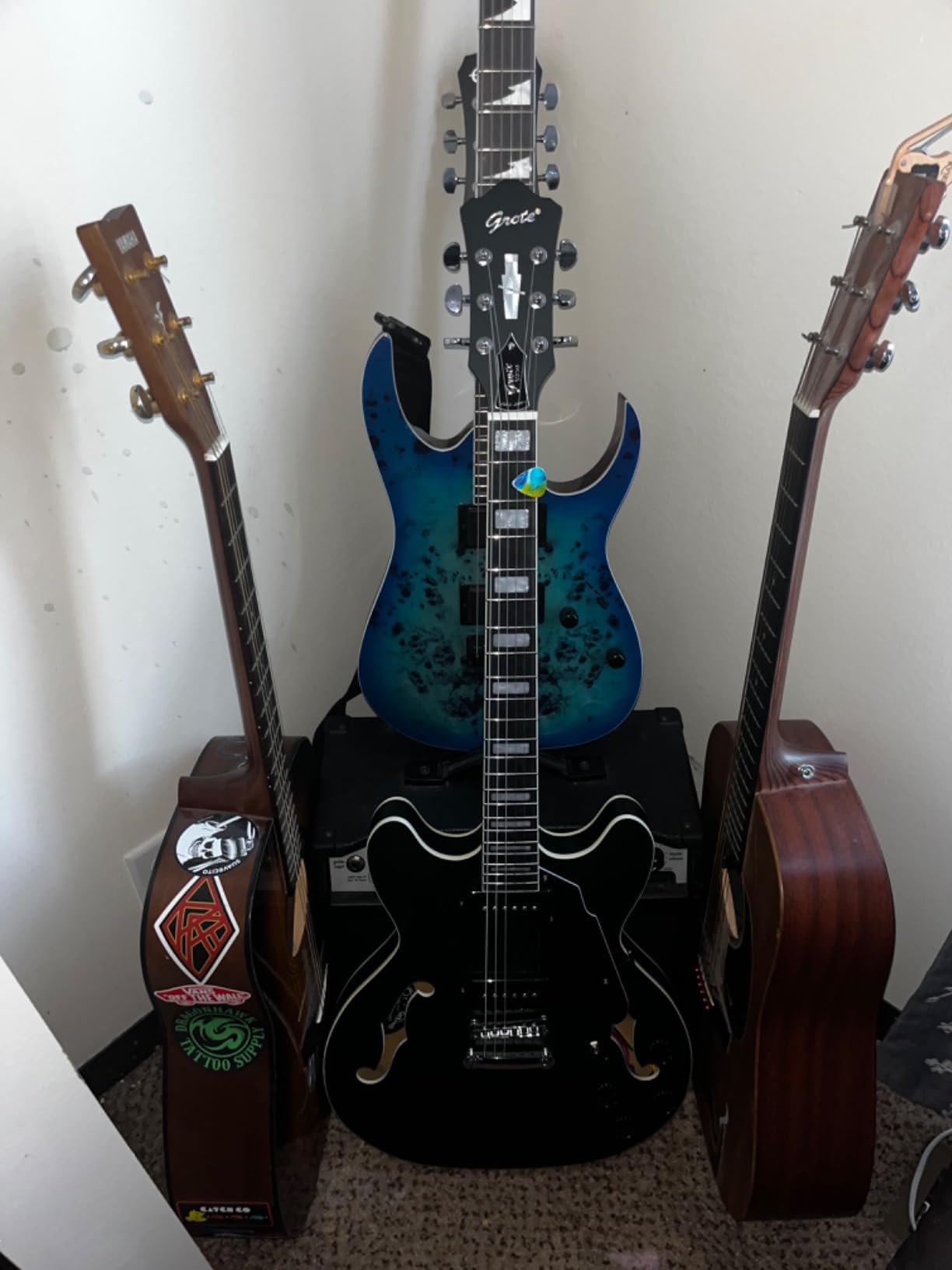 Grote 335 Style Jazz Electric Guitar Flame Maple top Semi-Hollow Body Matte Finished P90 Pickups (RED) customer photo 1
