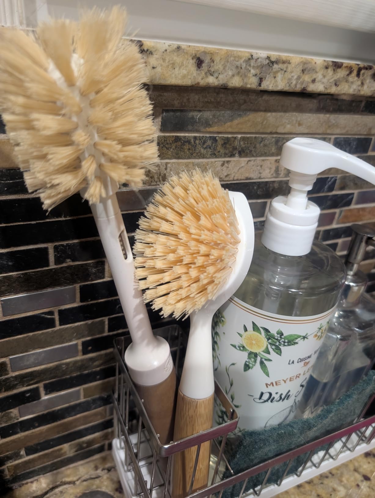 2 Pack Kitchen Dish Brush Bamboo Handle Dish Scrubber Built-in Scraper customer photo 1