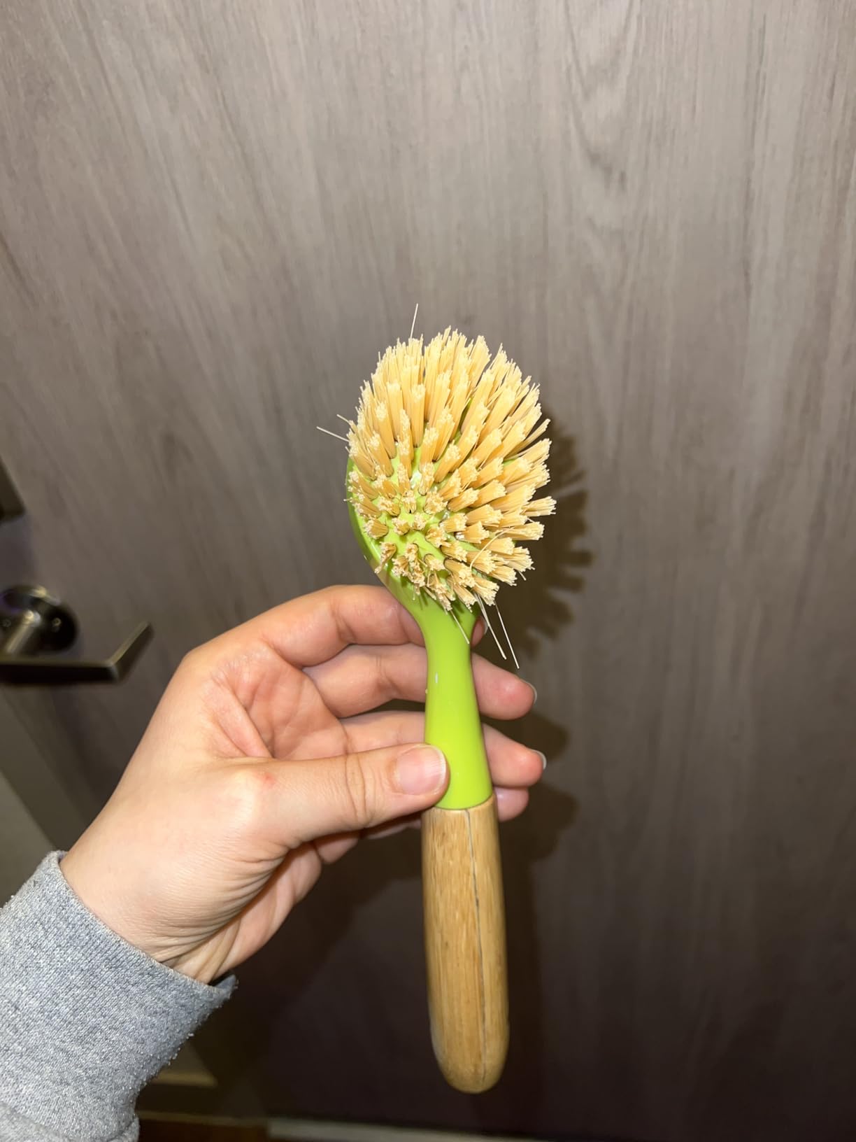 2 Pack Kitchen Dish Brush Bamboo Handle Dish Scrubber Built-in Scraper customer photo 2
