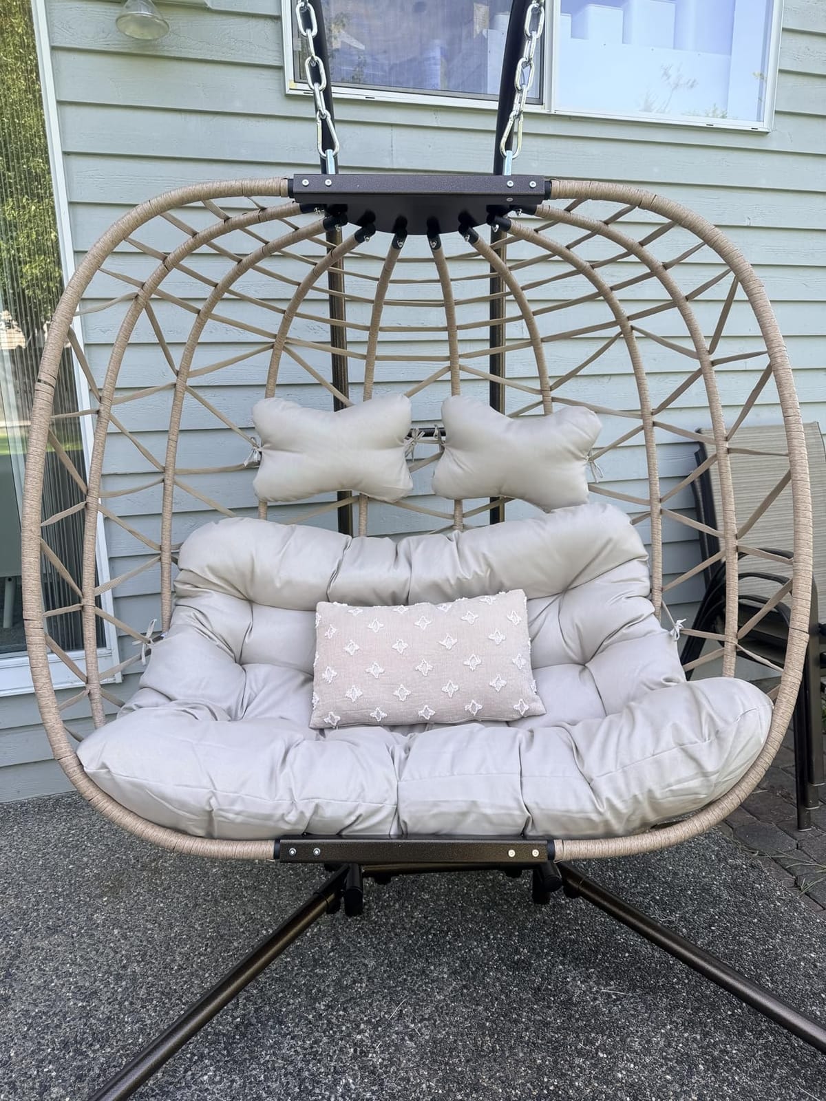 NICESOUL Cozy Hanging Egg Chair with Stand Indoor Outdoor, Wicker Patio Basket Swing Chair with Cushion and Golden Legs, 350lbs Durable Sturdy Egg Hammock Chairs for Deck Balcony Backyard Porch, Cream customer photo 1