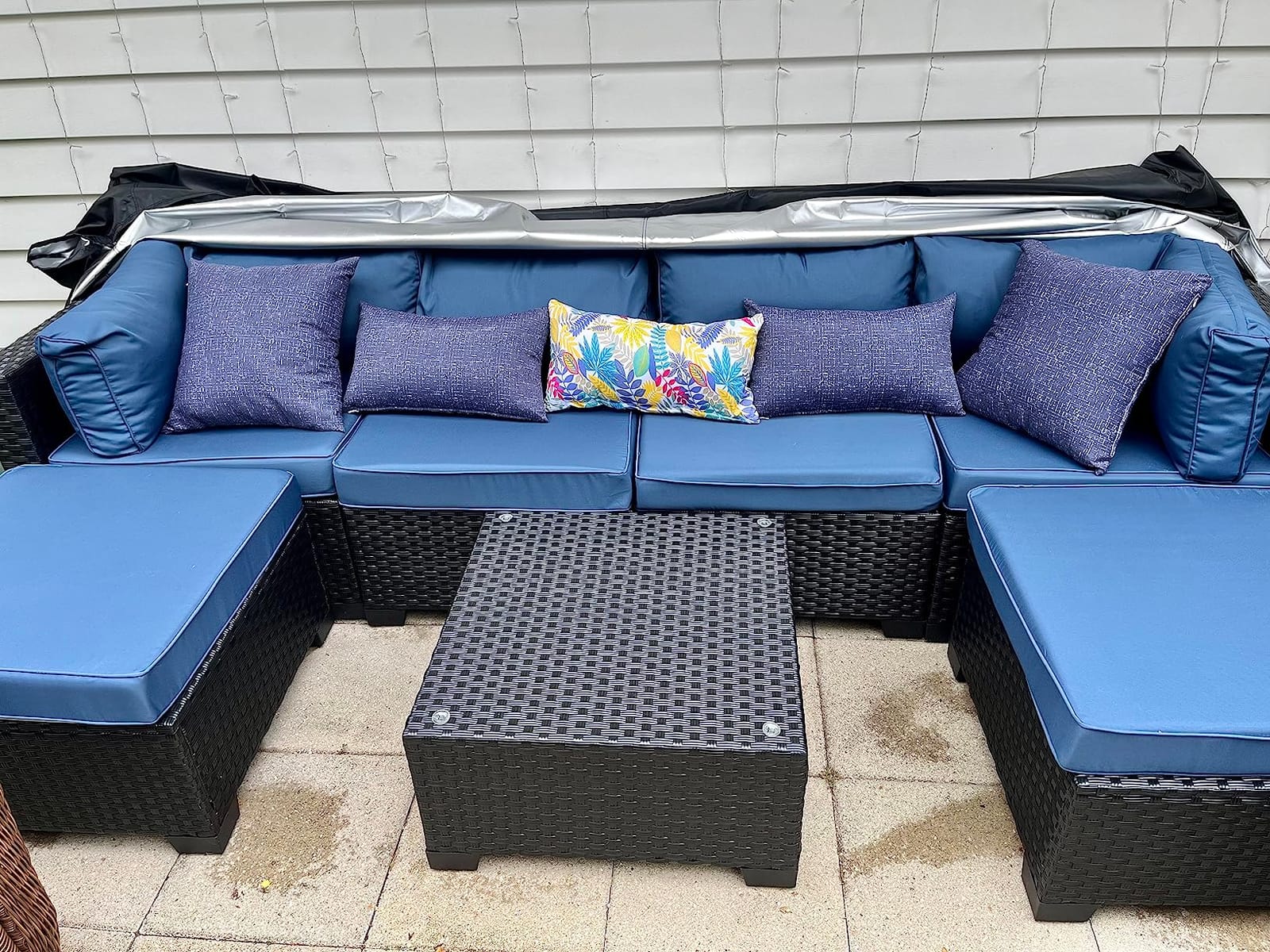 Lviden 7 Pieces Outdoor PE Wicker Furniture Set Patio Rattan Sectional Conversation Sofa Set with Navy Blue Cushions and Glass Top Table customer photo 2