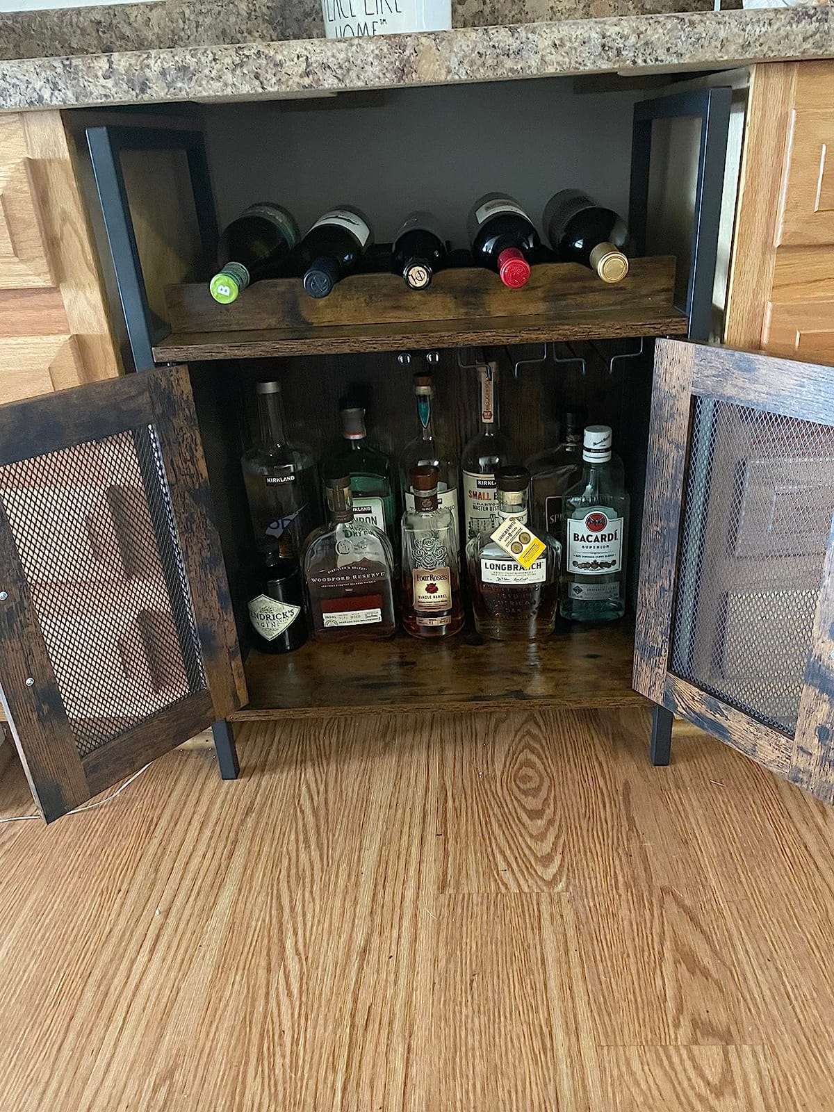 X-cosrack Wine Bar Rack Cabinet with Detachable Wine Rack, Coffee Barwith Glass Holder, Small Sideboard and Buffet Cabinet with Mesh Door, Rustic Brown(Patent Pending) customer photo 2