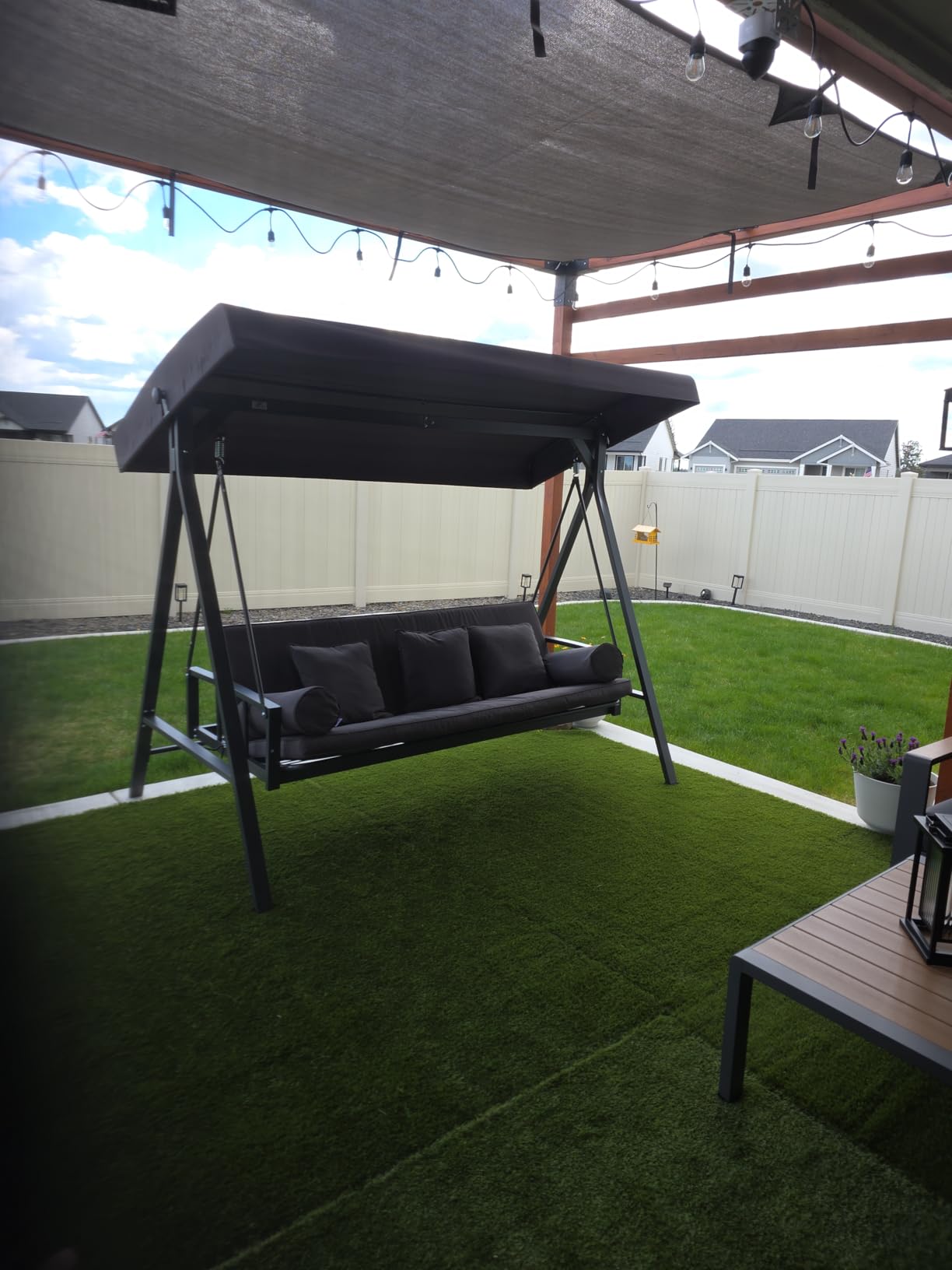 PURPLE LEAF Patio Swing 3-Seat with Adjustable Canopy, Gray customer photo 2