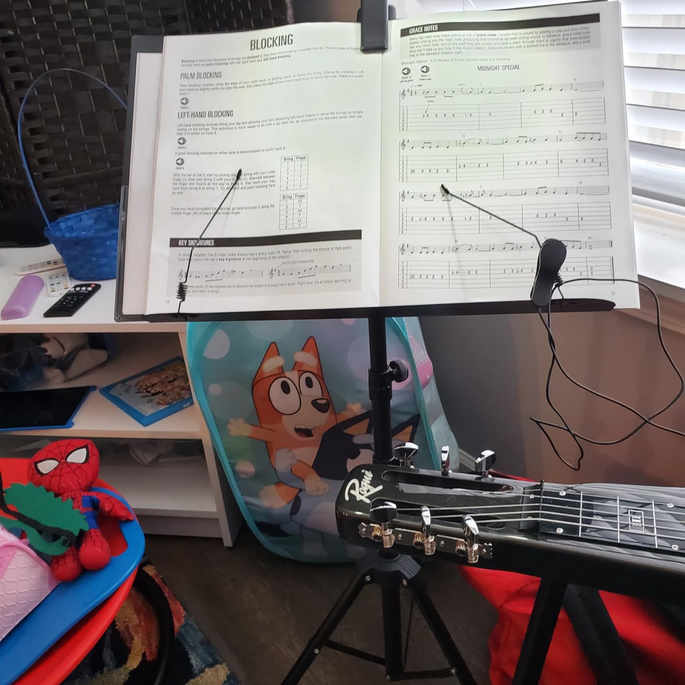 CAHAYA 6 IN 1 Sheet Music Stand with Stand Light Desktop Book Stand with Carrying Bag, Sheet Music Folder & Clip Metal Portable Solid Back for Guitar, Ukulele, Violin Players customer photo 1