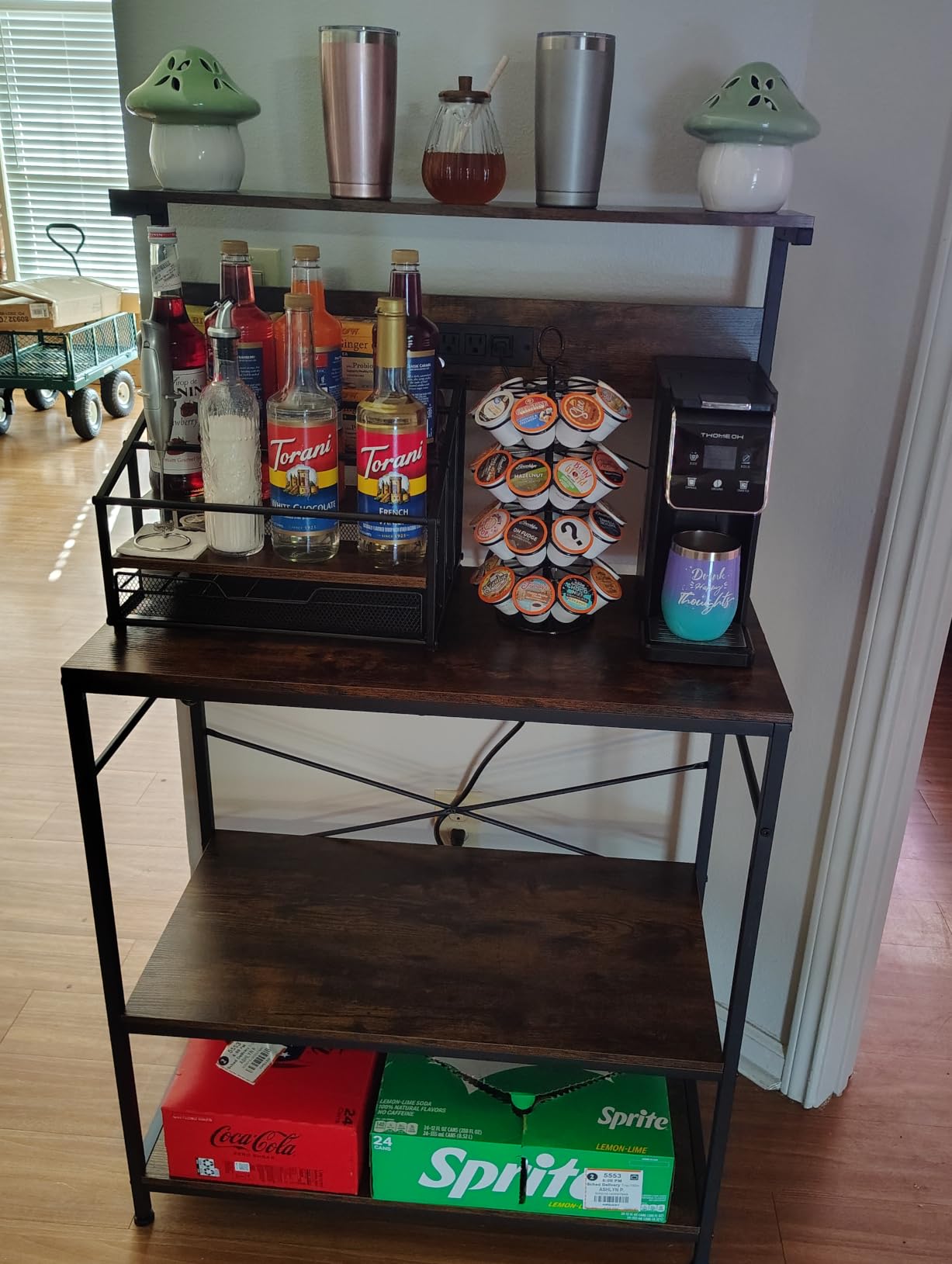 SUPERJARE Kitchen Bakers Rack with Power Outlet, Coffee Bar Table 4 Tiers, Kitchen Microwave Stand with 6 S-shaped Hooks, Storage Shelf Rack for Spices, Pots and Pans - Rustic Brown customer photo 1