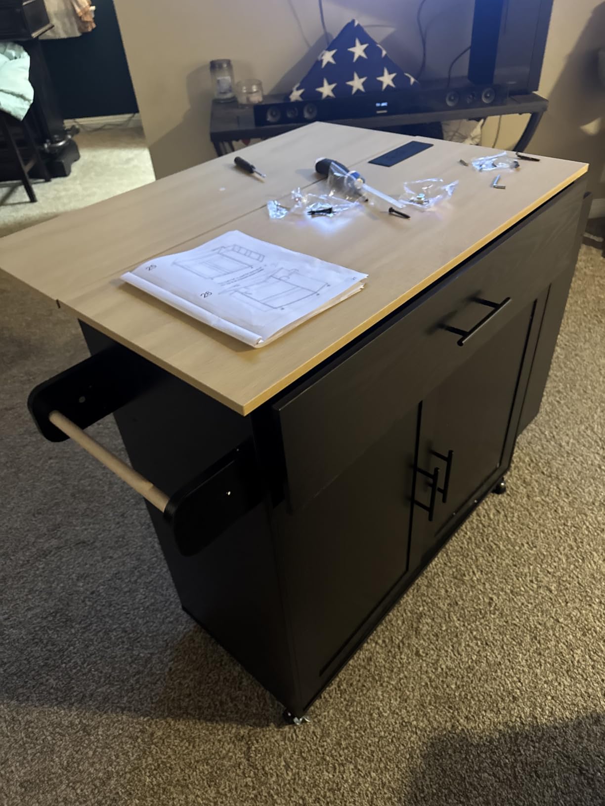 IRONCK Kitchen Island with Storage, Charging Station and Drop Leaf, Black customer photo 1