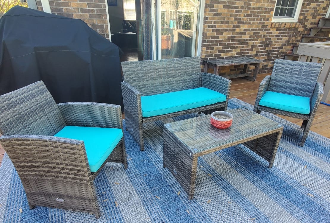 Goplus 4-Piece Rattan Patio Furniture Set, Outdoor Wicker Conversation Sofa with Weather Resistant Cushions and Tempered Glass Tabletop for Lawn Backyard Pool Garden (Blue) customer photo 2