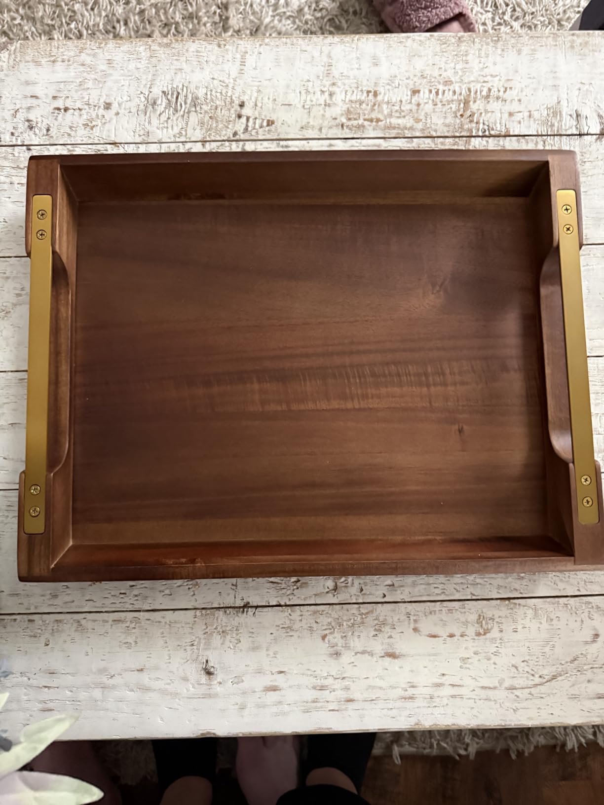 Acacia Wood Serving Tray with Metal Handle, 17x13in Tray for Ottoman customer photo 2