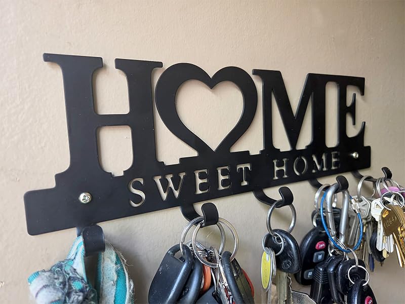 Entryway Wall Key Holder with 5 Hooks, Metal Key Rack Wall Mount for Keys, Bags and Leashes, Decorative Organizer for Entryway, Mudroom or Hallway, Sweet Home Design, 9.8 inches, Black customer photo 2