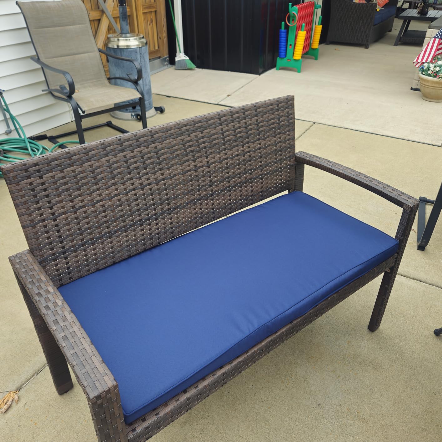 Best Choice Products Outdoor Bench 2-Person Wicker Garden Patio Benches Seating Furniture for Backyard, Porch w/Seat Cushion, 700lb Capacity - Gray/Navy customer photo 2