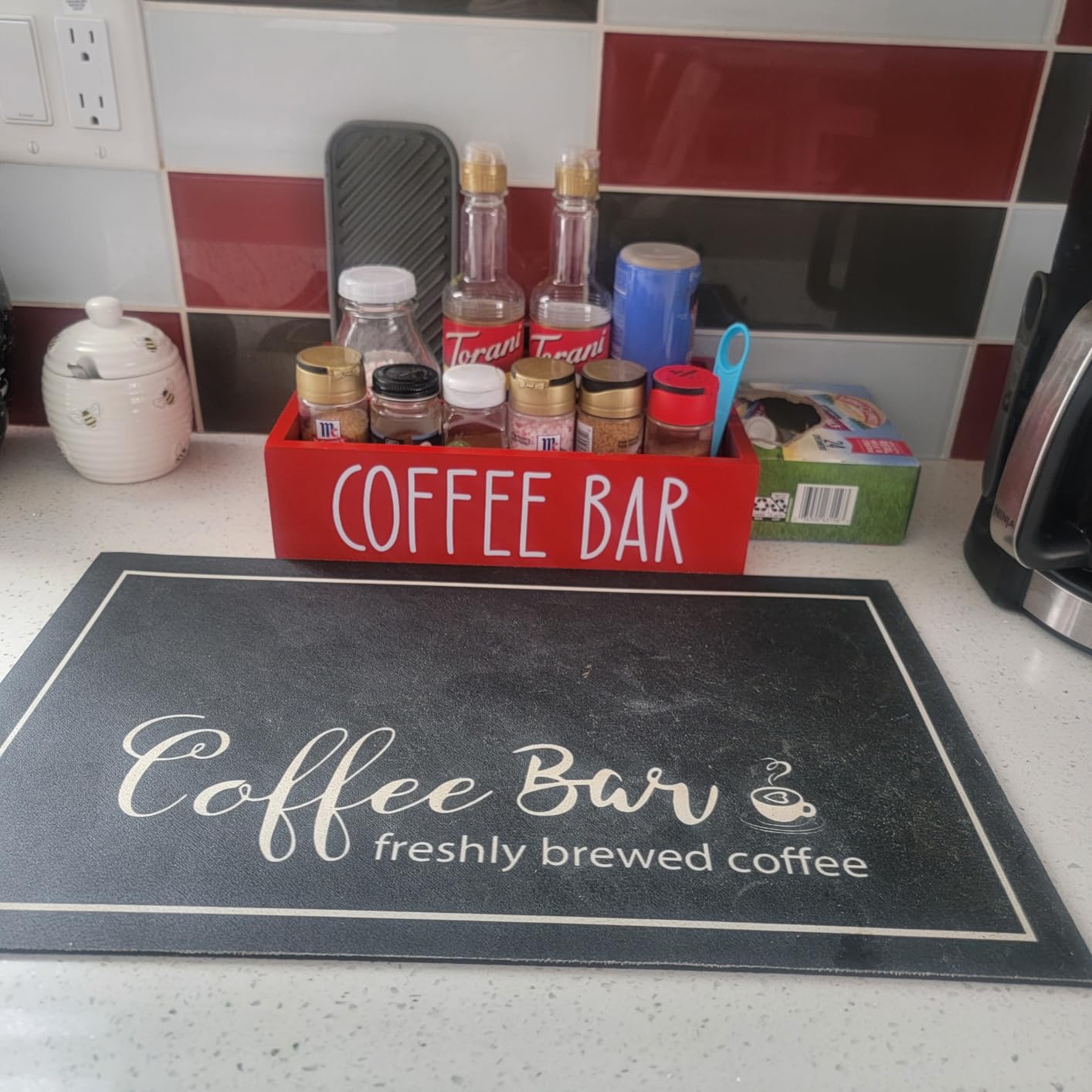 ALELION Coffee Station Organizer - Wood Countertop Accessories Organizer with Removable Dividers for Pods Condiment Syrup Tea Cups Stirrers - for Farmhouse Coffee Bar Decor customer photo 2