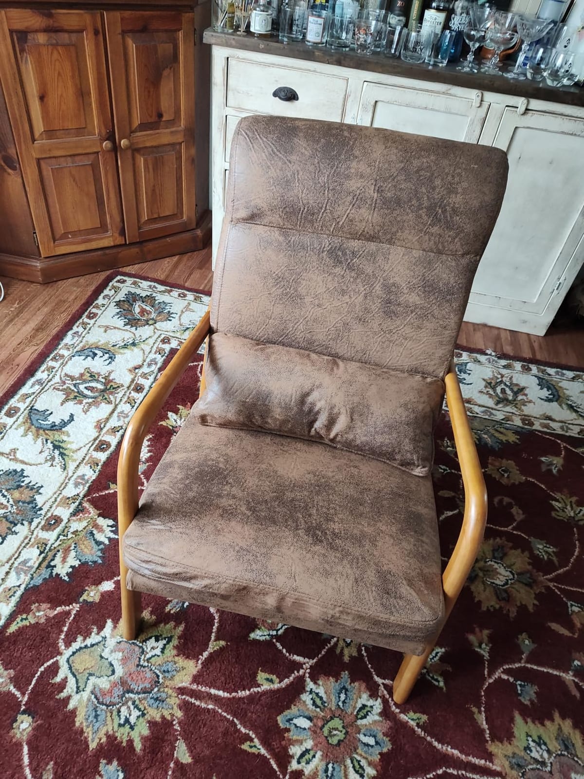 Karl home Accent Chair High Back Mid-Century Modern, Brown | Bronzing Cloth Upholstered, Walnut Color Solid Rubber Wood Frame, Soft Cushion with Pillow, For Living Room, Bedroom, Balcony customer photo 1