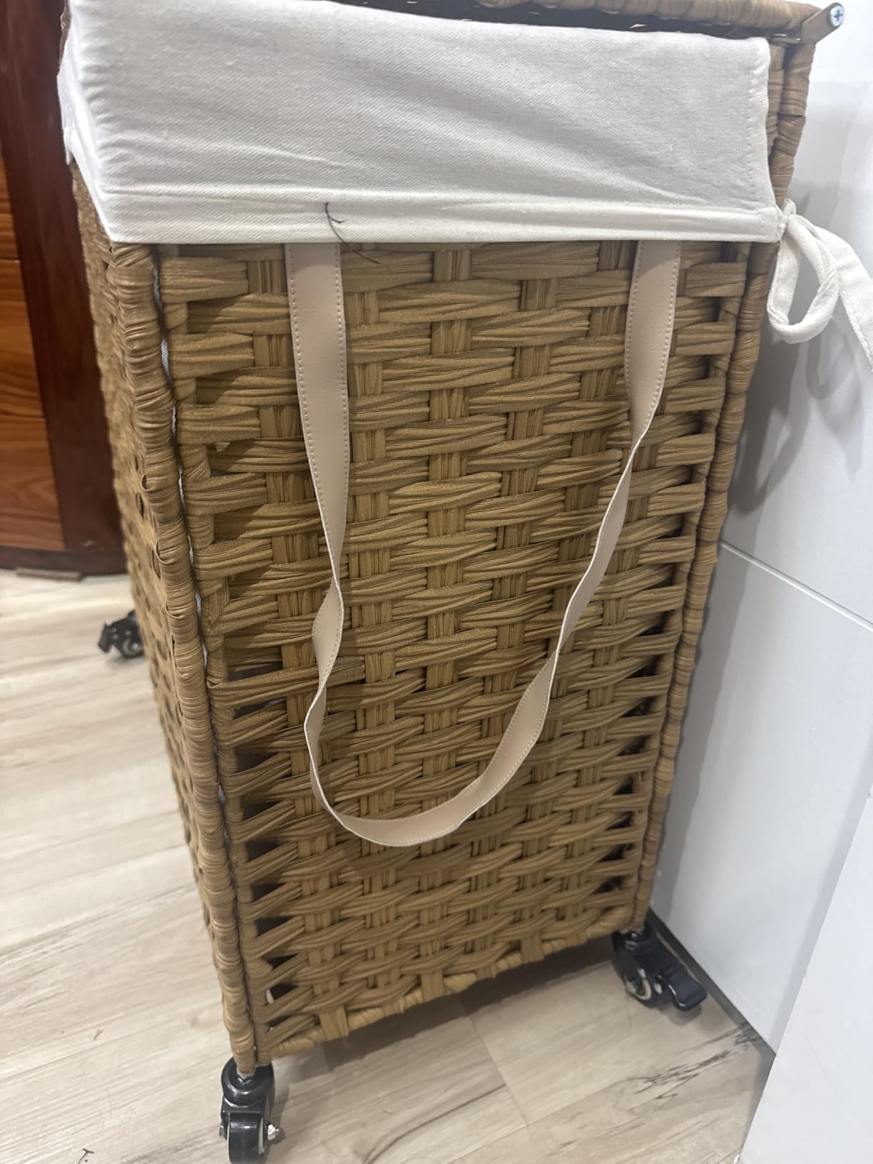 SONGMICS Rolling Laundry Hamper with Lid, 160 L 3-Section Synthetic Rattan | Laundry Basket with Wheels, Removable Liner, 29.9 x 13 x 26 Inches, Natural, ELIOTT Collection ULCB365N01 customer photo 2