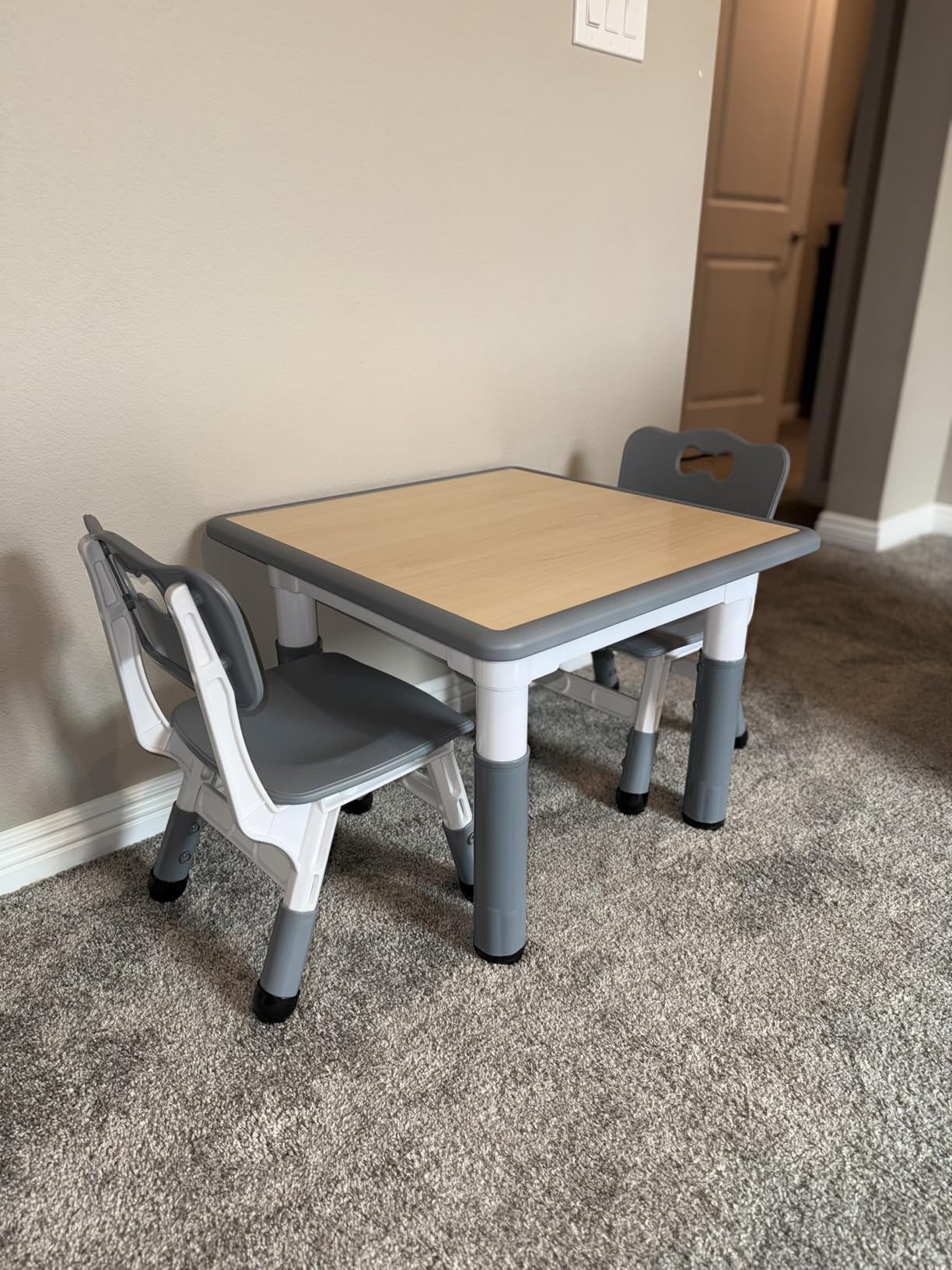 FUNLIO Kids Table and 2 Chairs Set, Height Adjustable Toddler Table and Chair Set for Ages 3-8, Easy to Wipe Arts & Crafts Table, for Classrooms/Daycares/Homes, CPC & CE Approved (3pcs Set) - Gray customer photo 2