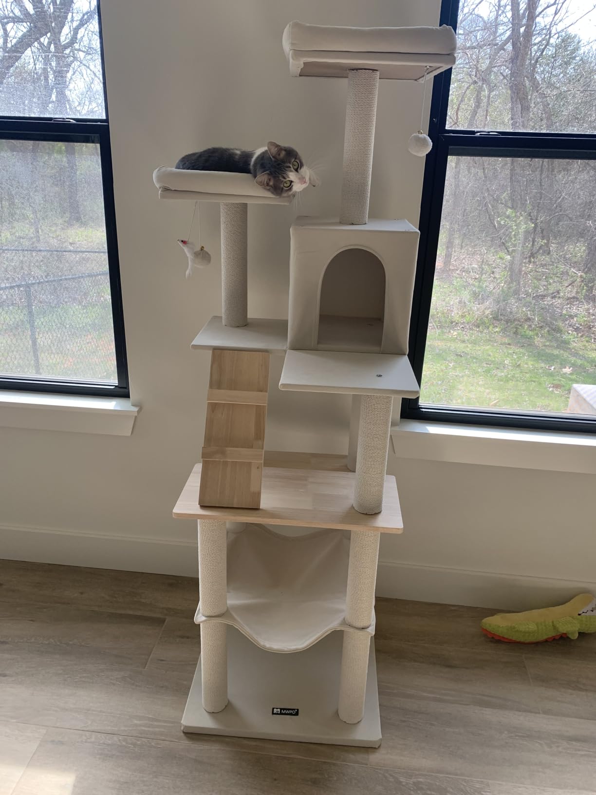 MWPO Large Modern Cat Tree, 70.1-Inch Wood Cat Tower for Indoor Cats, Multi-Level Tall Cat Condo with 2 Padded Perches, Hammock, Scratching Posts, Dangling Toys, Beige customer photo 2