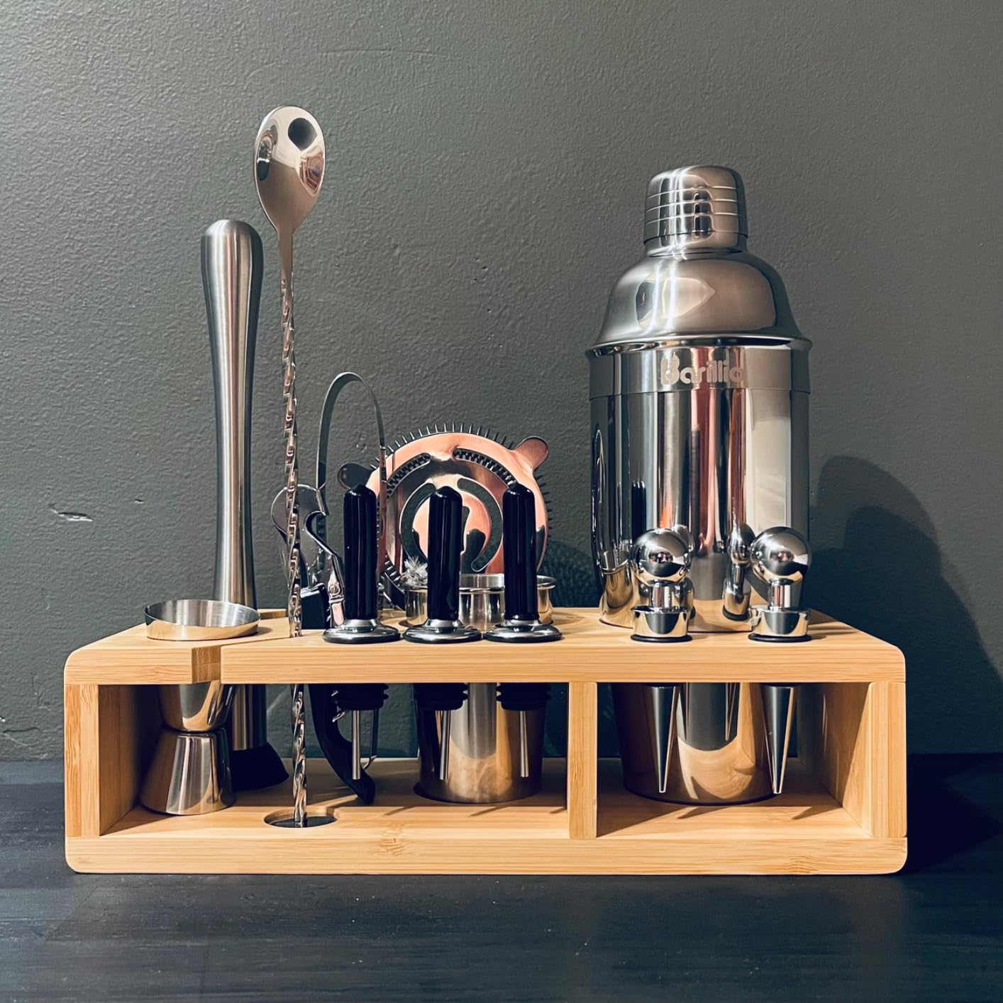 Barillio Black Bartender Kit - Stainless-Steel Cocktail Shaker Set w/Black Bamboo Stand - Mixology Bar Tools w/Drink Shaker, Mixer and Muddler for Cocktails - Home Bar Accessories - 23-Pc Bar Set customer photo 1