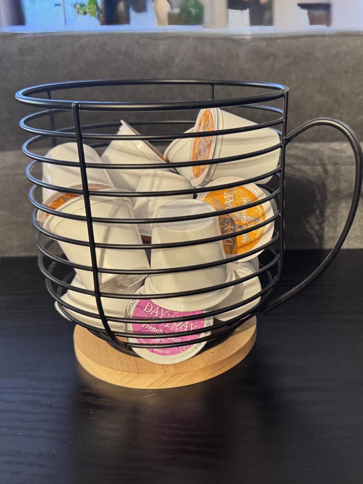BYTEAIDREX Coffee Pod Holders for Counter - K Cup Holders for Counter - Coffee Pods Storage Organizer - Bar Accessories - Large Capacity Black Wire Kup Storage with Wooden Base. customer photo 1
