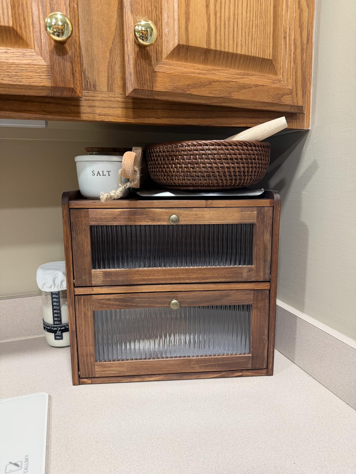 Sunhoo Bread Box for Kitchen Countertop Wooden Bread Storage Container Bin 2 Layer Breadbox Holder Large Capacity Vintage Farmhouse Food Organizer Pantry Shelf Acrylic Window (Brown) customer photo 1
