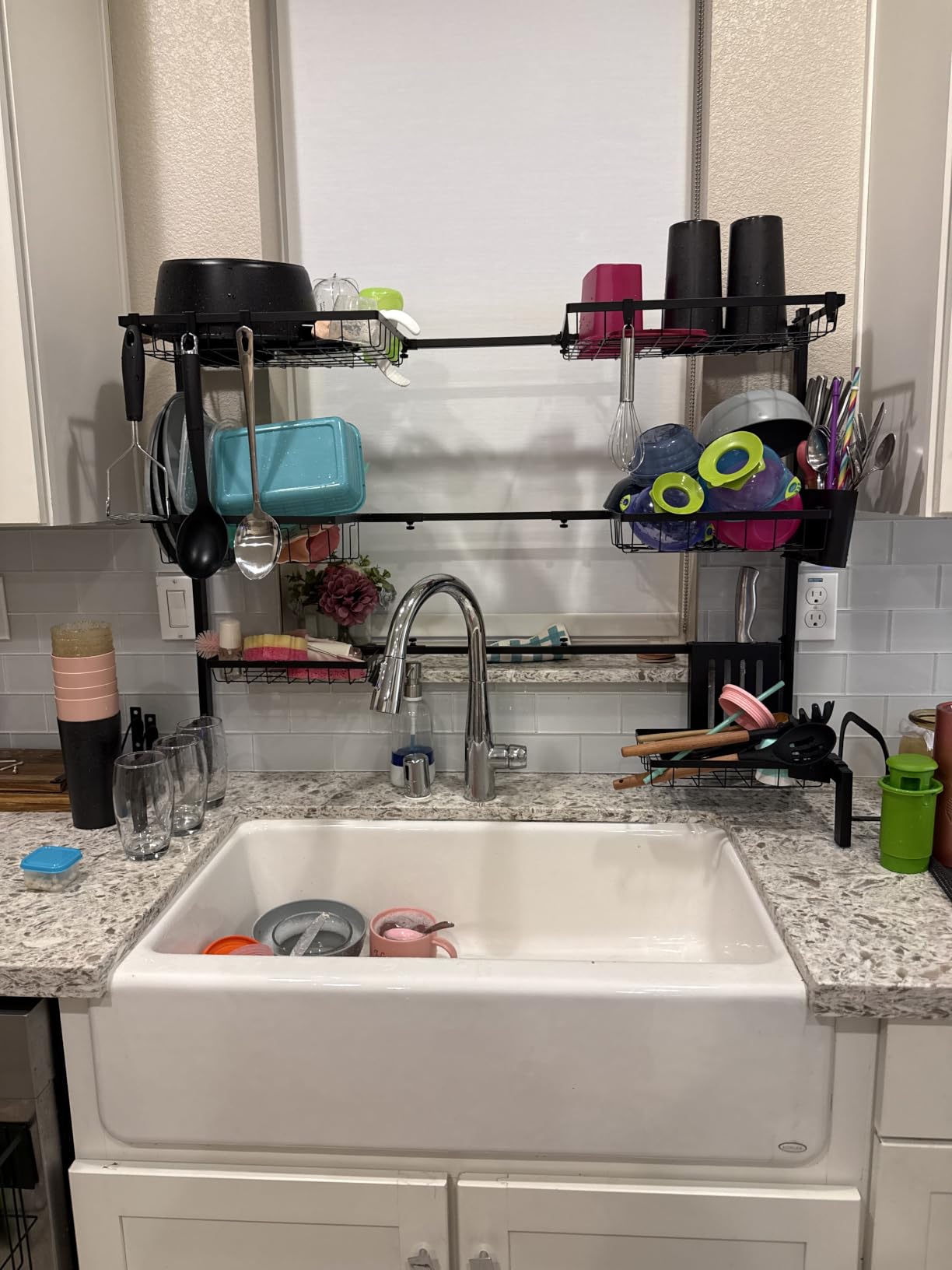 Sakugi Over The Sink Dish Drying Rack - Adjustable 2 Tier Large Capacity Stainless Steel Drainer with Cutlery & Utensil Holders, Kitchen Storage & Organization, 30