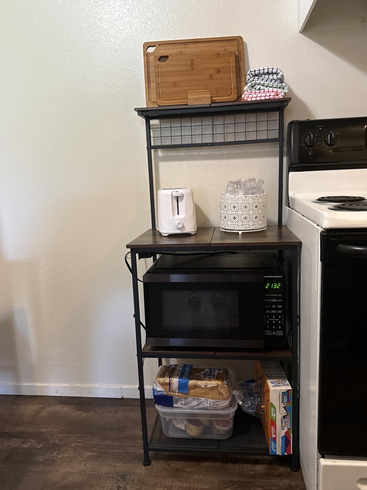 Furologee Kitchen Bakers Rack with Power Outlet, Microwave Oven Stand with Storage 4 Tiers, Coffee Bar Table with 6 S Hooks, Kitchen Storage Shelf Rack for Spices, Pots, Rustic Brown customer photo 2