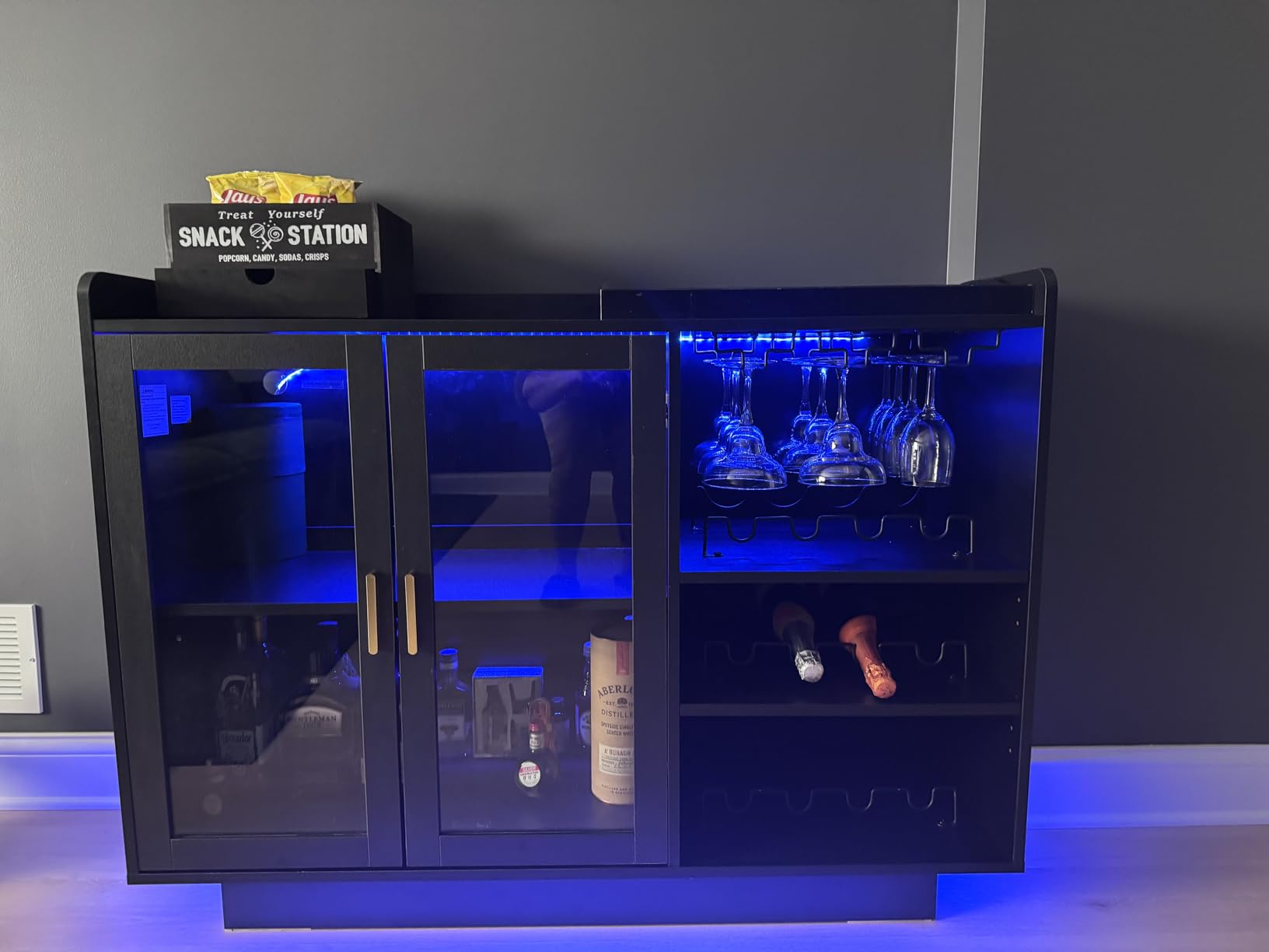Loomie Wine Bar Cabinet with LED Lights, Floating Coffee Bar with Glass Rack and Removable Wine Racks, Modern Buffet Sideboard with Storage Shelves, Kithchen Bar with Glass Cabinet Doors, Black customer photo 2