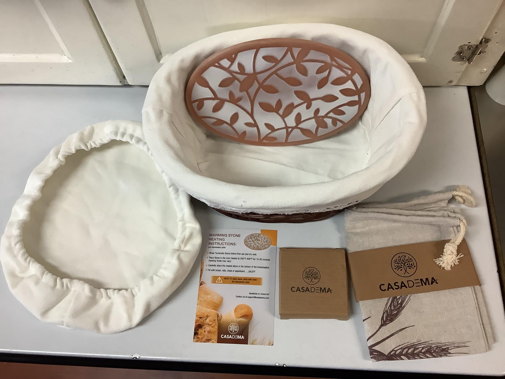 Bread Warmer Basket with Warming Stone (Large Oval 12 x 9) - Bundled w/Linen Bread Bag & Bread/Sugar Saver - Bread Baskets for Serving with liner and lid - Bread Serving Basket for Table customer photo 1
