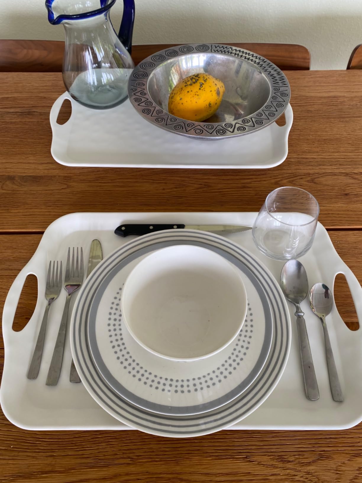 ECOIOU Extra Large Serving Tray with Handles, 20x13 inch, Set of 2 Melamine Platters for Serving Food, Turkey, Cookie, Rectangular Trays for Eating, Raised Dots Matt Finished, Dishwasher Safe, White customer photo 2