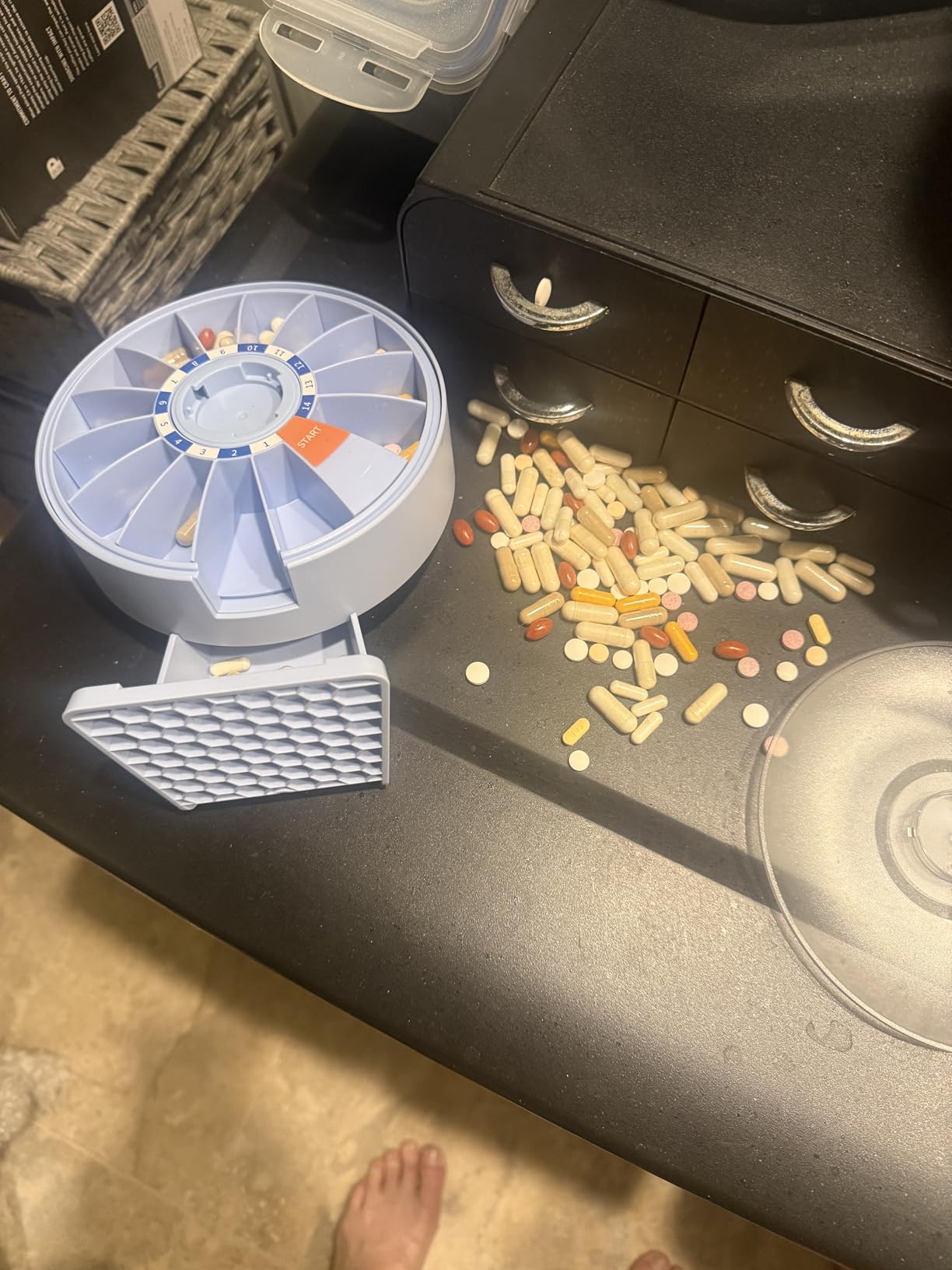 Daviky Daily Pill Dispenser, Large Capacity 14-Day Pill Organizer Box | Push Button Dispensing, Easy Open, Wall-Mounted or Standing, 14 Compartments, Senior-Friendly customer photo 1