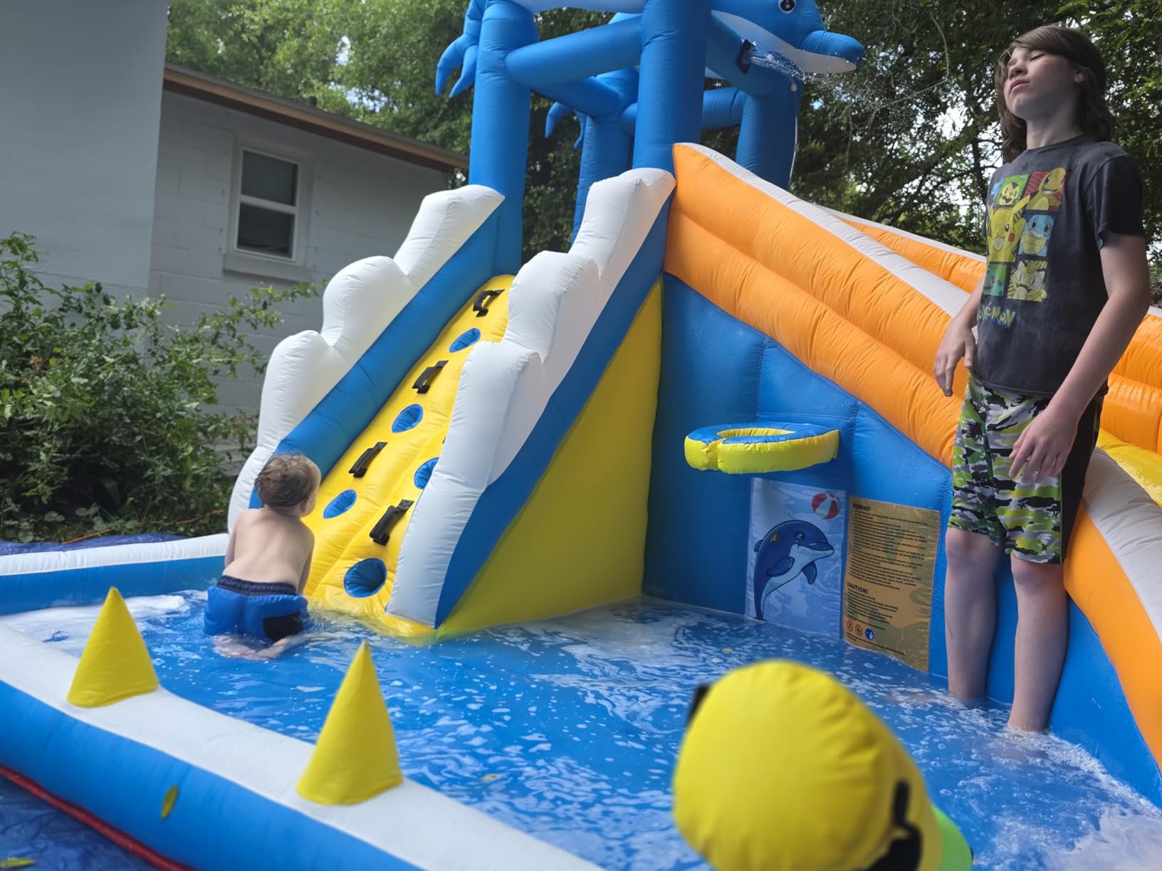 TOAOB Inflatable Water Slide, 5 in 1 Dolphin Inflatable Bounce House for Kids- Climbing Wall Splash Pool Water Cannon Basketball Rim - 480W Blower - for Indoor Outdoor Backyard Birthday Party customer photo 1